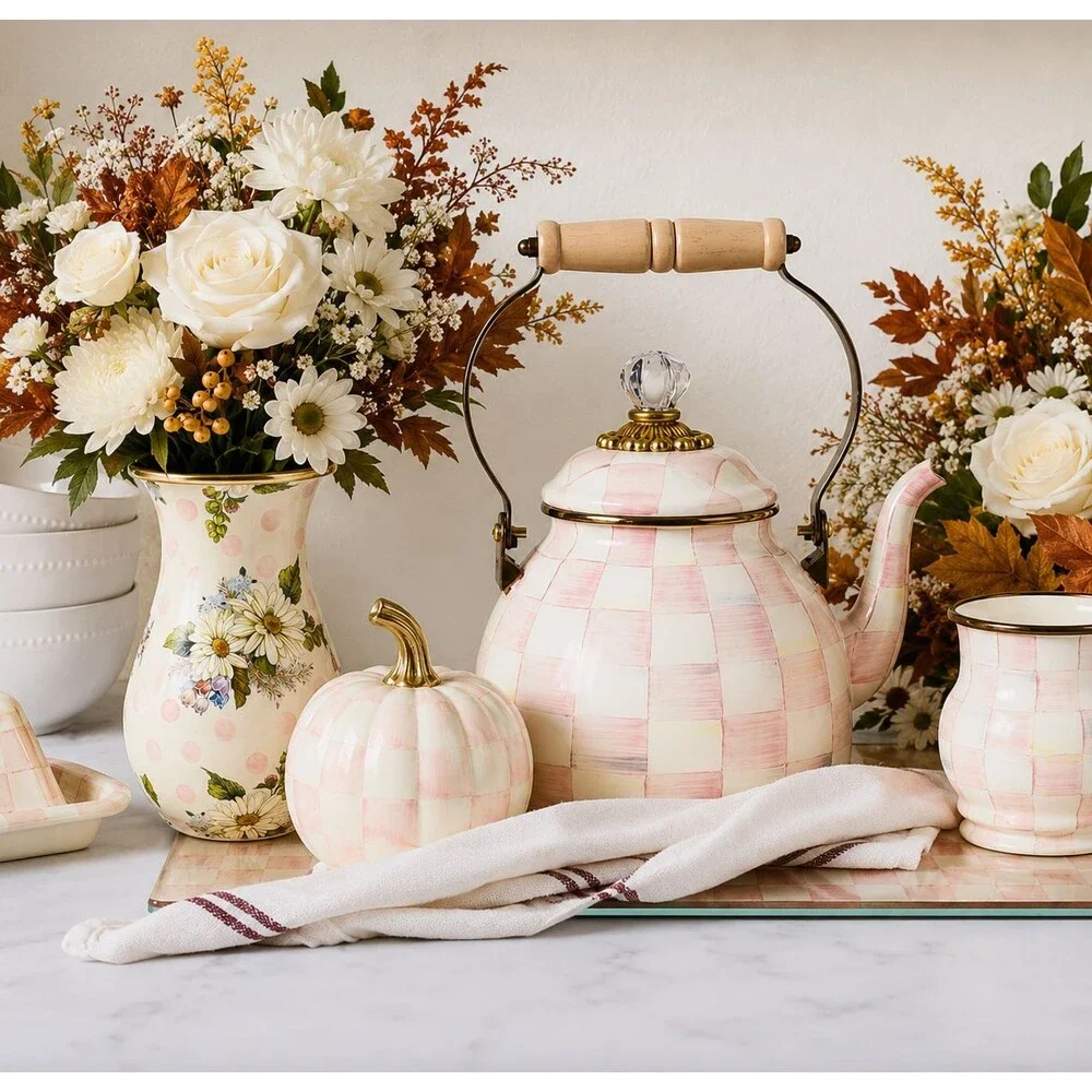 MacKenzie-Childs Rosy Check Mini Pumpkin Fall Decor Pink and White New in Box